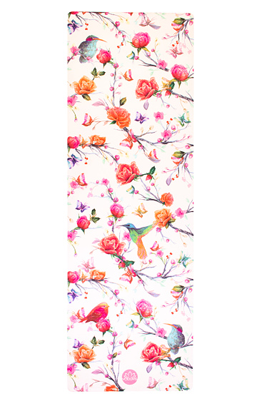 YOGGYS [BIRDS MORNING] bílá designová jógová podložka s květinovým motivem